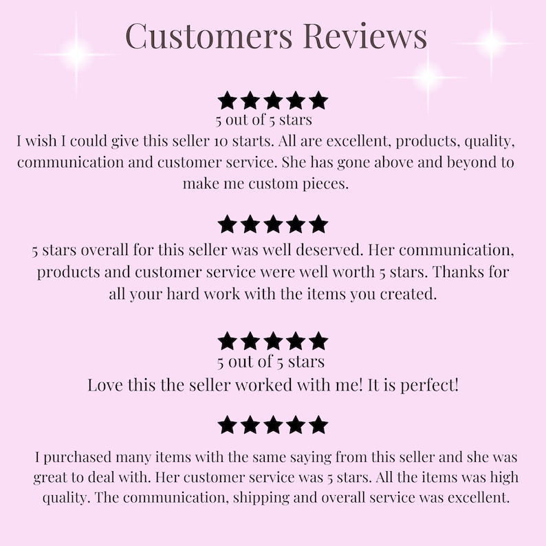May include: Five-star customer reviews for a seller on an online marketplace. The reviews highlight the seller's excellent products, communication, and customer service. The seller is praised for going above and beyond to create custom pieces.