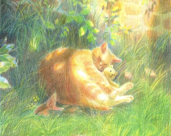 Cat Art Print – Sleeping Cat with Teddy Bear, Colored Pencil Illustration