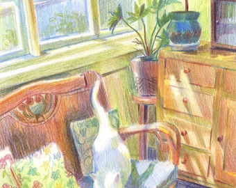 Whimsical Cat Art Print – Morning Sun Bath, Colored Pencil Illustration