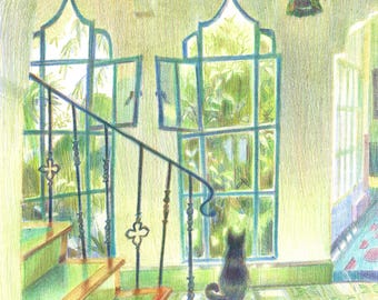 Peaceful Cat Art Print – Cypress Breeze Colored Pencil Illustration