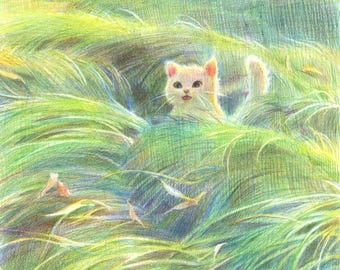 Playful Cat Art Print: "Catch Me If You Can" Colored Pencil Illustration