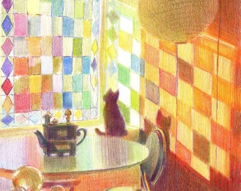 Whimsical Cat Art Print – Rainbow Shower Colored Pencil Illustration
