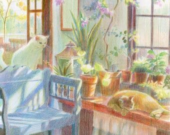 Magical Cat Art Print: Colored Pencil Illustration, Unexpected Visitor