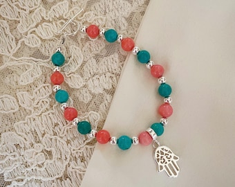 Bracciale a mano Hamsa con perline di corallo e turchese, argento sterling, braccialetto a levetta, braccialetto impilabile, gioielli con pietre preziose, regali per lei