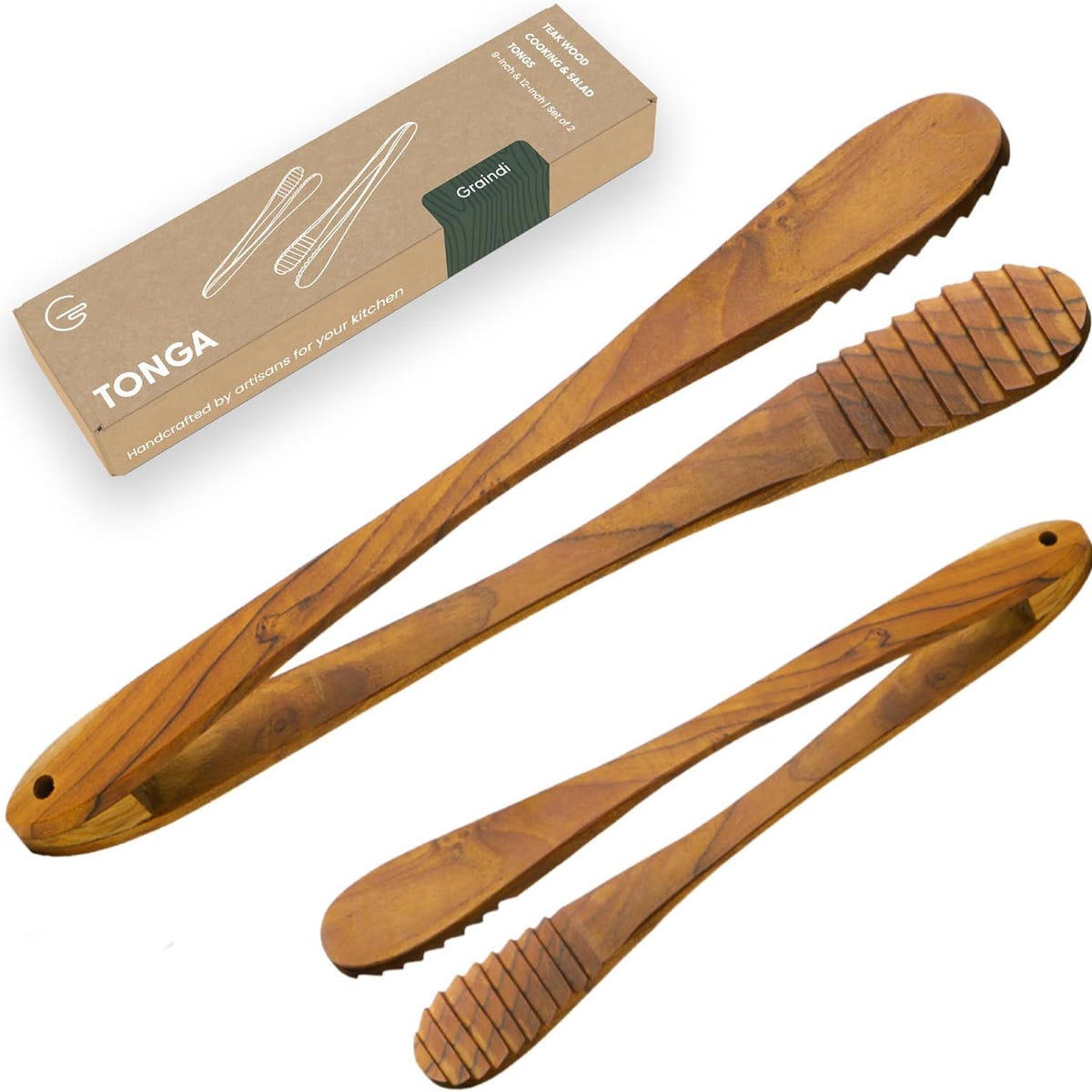 Teak Wood Tongs (9 & 12, Set of 2) | Wooden Tongs for Cooking and Salad Serving