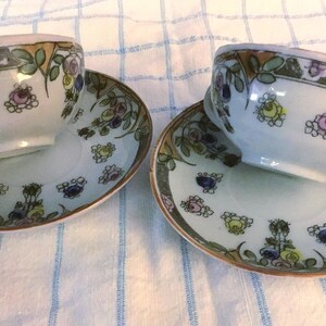 Antique Asian Demitasse Teacups, made in Japan, porcelain, set of two demitasses cups and matching saucers.