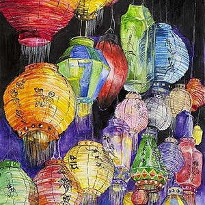 Chinese Lanterns, Original Watercolors Large painting Asian Style on Watercolor painting