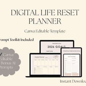 Könnte beinhalten: Digital Life Reset Planner Canva-Vorlage. Das Bild zeigt einen Laptop, ein Tablet und einen Computerbildschirm mit Planerseiten. Der Text enthält "Manifestiere deine Ziele 2026" und "Einfachheit trifft Produktivität". Enthält AI Prompt Toolkit.