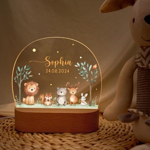 Pode incluir: Uma luz noturna personalizada com uma cena da floresta apresentando um le&atilde;o, um esquilo, um urso, um veado e um coelho. O painel de acr&iacute;lico transparente &eacute; iluminado por uma luz quente de uma base de madeira. O nome "Sophia" e a data "24.08.2024" s&atilde;o exibidos.