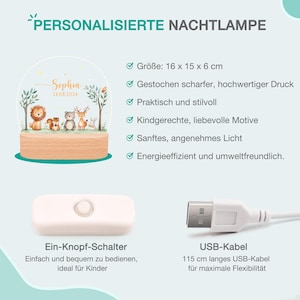Pode incluir: Luz noturna personalizada com base de madeira e topo transparente e arredondado. O topo apresenta ilustra&ccedil;&otilde;es de animais e o nome "Sophia" com a data 24.08.2024. Inclui cabo USB e interruptor de um bot&atilde;o. Tamanho: 16 x 15 x 6 cm.