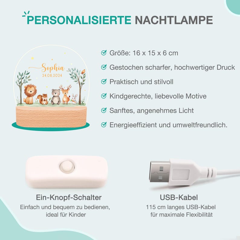 Pode incluir: Luz noturna personalizada com base de madeira e topo transparente e arredondado. O topo apresenta ilustra&ccedil;&otilde;es de animais e o nome "Sophia" com a data 24.08.2024. Inclui cabo USB e interruptor de um bot&atilde;o. Tamanho: 16 x 15 x 6 cm.