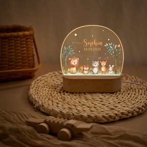 Pode incluir: Uma luz noturna decorativa com uma cena da floresta que apresenta um le&atilde;o, um esquilo, um urso, um veado e um coelho. O painel acr&iacute;lico transparente &eacute; iluminado e apresenta o nome "Sophia" e a data 24.08.2024. A base &eacute; de madeira.