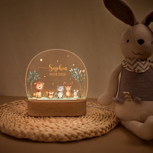 Pode incluir: Uma luz noturna decorativa com uma base de madeira e um painel de acr&iacute;lico transparente e arqueado. O painel &eacute; iluminado com um brilho quente e exibe uma cena de floresta com ilustra&ccedil;&otilde;es de animais e o nome "Sophia" e a data "24.08.2024". Um coelhinho de pel&uacute;cia est&aacute; no fundo.