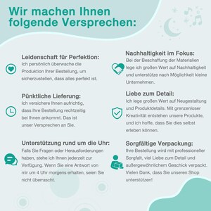 May include: A teal and white graphic with German text. The text promises perfection, timely delivery, 24/7 support, sustainability, attention to detail, and careful packaging. Decorative elements include a crescent moon and stars.