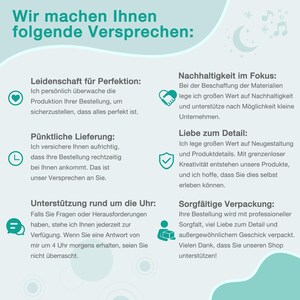 Pode incluir: Gr&aacute;fico em verde-azulado e branco com texto em alem&atilde;o, prometendo perfei&ccedil;&atilde;o, entrega pontual, suporte 24/7, sustentabilidade, aten&ccedil;&atilde;o aos detalhes e embalagem cuidadosa. Com notas musicais e uma lua crescente.