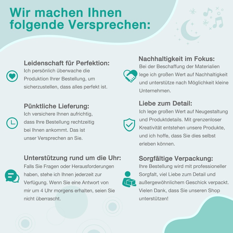 Pode incluir: Gr&aacute;fico em verde-azulado e branco com texto em alem&atilde;o, prometendo perfei&ccedil;&atilde;o, entrega pontual, suporte 24/7, sustentabilidade, aten&ccedil;&atilde;o aos detalhes e embalagem cuidadosa. Com notas musicais e uma lua crescente.