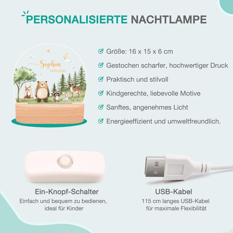 May include: A personalized night light with a wooden base and a clear acrylic top featuring a forest scene with animals and the name "Sophia". The light measures 6.3 x 5.9 x 2.4 inches and includes a USB cable.