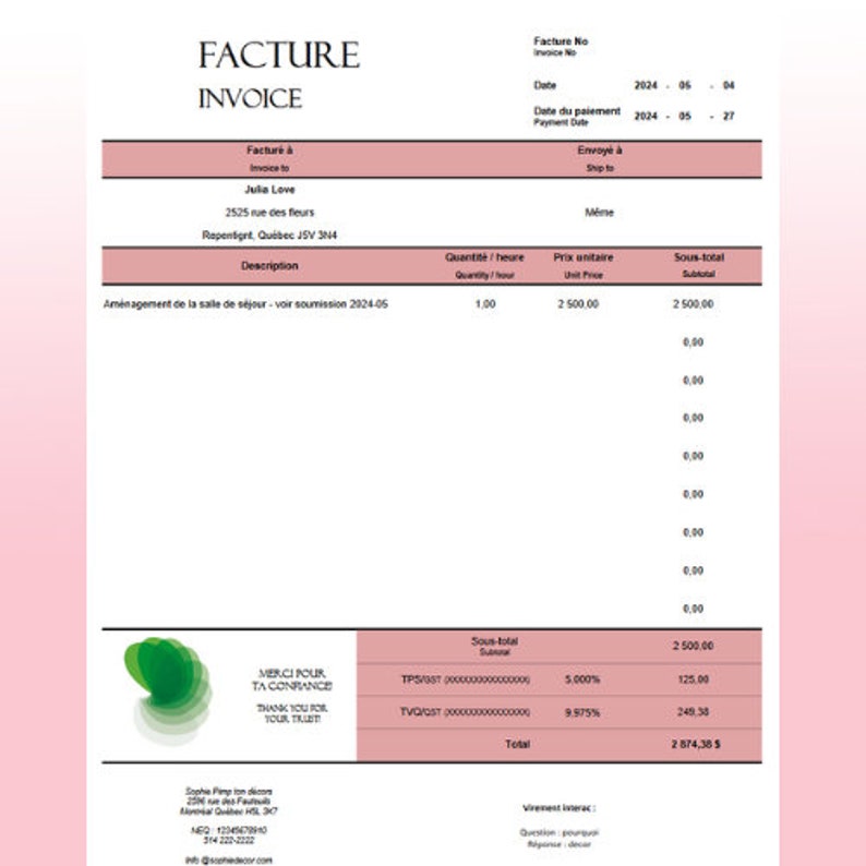 Quebec Invoice Editable Invoice Template, Bilingual, Small Business, Excel, Automated ...