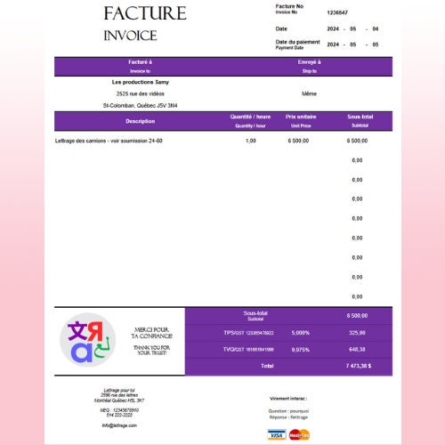 Quebec Invoice Editable Invoice Template, Bilingual, Small Business, Excel, Automated ...