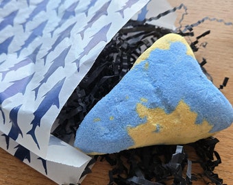 Colorful, Fizzy Bath bomb with surprise shark tooth necklace, island breeze scent. Fun classic unique gift for someone special