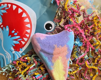 Vibrant Megalodon Tooth Bath Bomb, Surprise Fossilized Sharks Tooth Necklace Inside + Fun Shark Bag! Spring and Colorful! Hand crafted gift.
