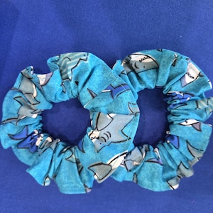 Shark Scrunchie – Handmade Hair Accessory with blue Shark Fabric Material. Perfect gift for lover of sharks! Pony tail accessories