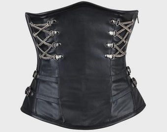 Women Real Leather Corset Underbust Handmade Black Genuine Leather Corset, Heavy Duty Steel Boned Waist Gothic Luxury and Stylish