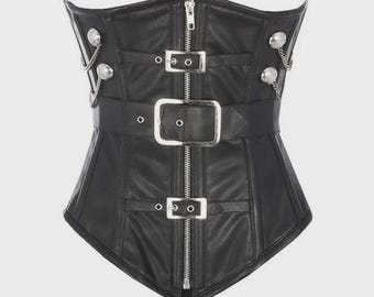 Women Real Leather Corset Underbust Handmade Black Genuine Leather Corset, Heavy Duty Steel Boned Waist Gothic Luxury and Stylish