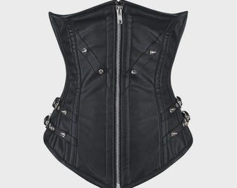 Women Real Leather Corset Underbust Handmade Black Genuine Leather Corset, Heavy Duty Steel Boned Waist Gothic Luxury and Stylish