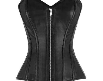 Handmade Leather Overbust Corset, Gothic Steel Boned Waist Trainer