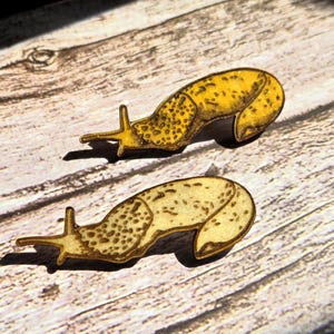 May include: Two wooden slug pins. One pin is yellow with brown spots, the other is cream-colored with brown spots. Both pins have a detailed design and are placed on a wooden surface.