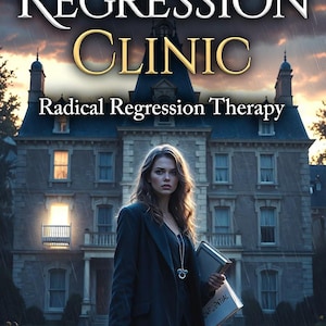 May include: Book cover for "Regression Clinic" novel. The image features a woman in a dark coat holding a briefcase and a file labeled "Confidential." The title is in large, stylized text, with the author's name, Dr. Lena Voss, at the bottom. A large house is in the background.