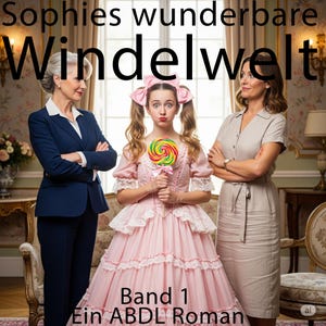 May include: Book cover featuring three women. A young woman in a pink dress holds a lollipop. Two other women stand on either side. The text at the top reads "Sophies wunderbare Windelwelt" and the text at the bottom reads "Band 1 Ein ABDL Roman."