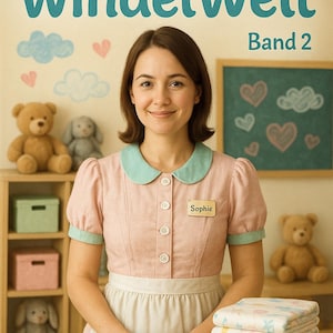Puede incluir: Una mujer con un vestido rosa con cuello y puños azul claro está de pie frente a una estantería con animales de peluche. El texto "Sophies wunderbare WindelWelt Band 2" está en la parte superior. Una pila de pañales está sobre la mesa.