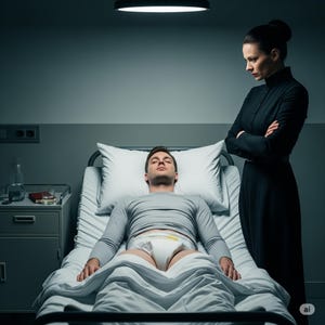 Può includere: Una persona con una maglietta grigia a maniche lunghe e un pannolino giace in un letto d'ospedale. Una donna in abito nero è in piedi nelle vicinanze con le braccia incrociate. La scena è illuminata da un'unica luce dall'alto.