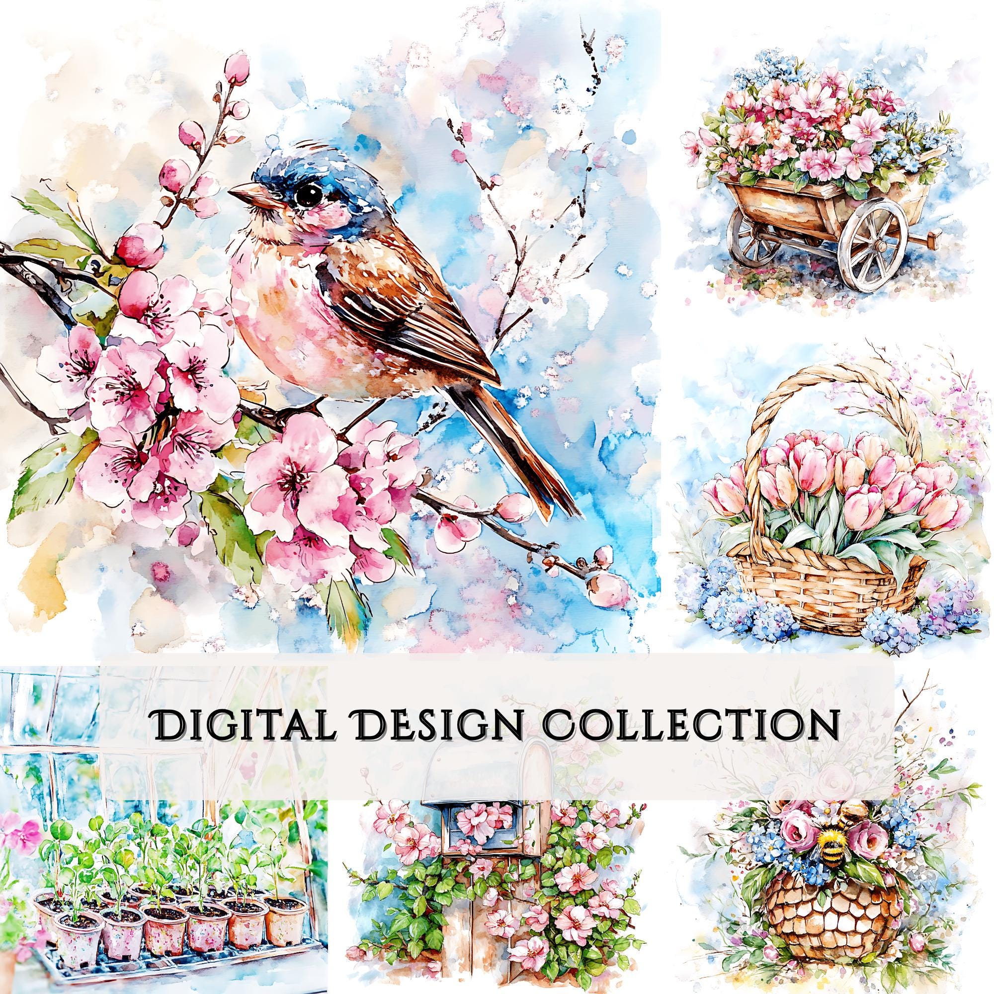 春の庭の水彩画クリップアート：桜のコテージ、鳥（デジタル