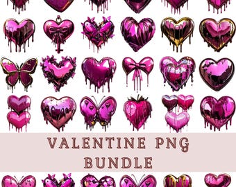 May include: A set of 24 digital Valentine's Day graphics featuring pink and gold dripping hearts, butterflies, and bows.  These graphics are perfect for creating invitations, cards, and other Valentine's Day projects.