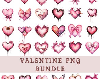 May include: A set of 30 watercolor heart illustrations with butterfly and bow details. The hearts are pink and red with white accents. The illustrations are perfect for Valentine's Day crafts and projects.