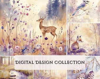 May include: A digital design collection featuring watercolor illustrations of a deer in a forest, a blue jay perched on a branch, a fox sitting in the woods, a stream with stepping stones, and pine cones.