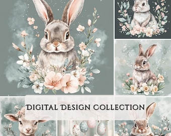 May include: A digital design collection featuring watercolor illustrations of bunnies and floral arrangements. The designs include a bunny with pink flowers, a bunny with yellow flowers, a bunny with blue eggs, and a bunny with pink roses.