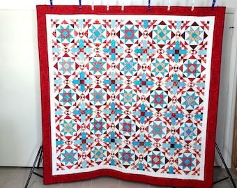 Rood turkoois koraal quilt tweepersoons/volledig bed handgemaakt scrappy patchwork