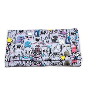 Cartera de gato gris acolchada para mujer triple tela suave cartera con cremallera bolsillo hecho a mano gato mamá regalo