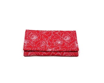 Roses gewatteerde driebladige portemonnee: rode handgemaakte zachte stoffen clutch met rits