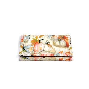 Cartera acolchada de calabaza de otoño para mujer, billetera triple de tela suave, bolsillo con cremallera, regalo hecho a mano para ella