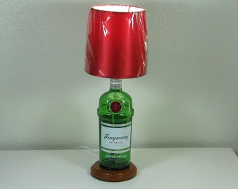 Tanqueray Bottle Lamp with Red Shade: Upcycled Bar Decor