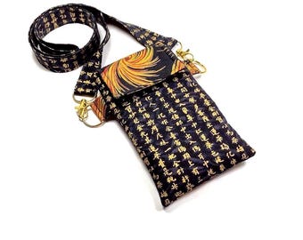 Black Asian Print Crossbody Phone Wallet Case Soft Handmade Fabric