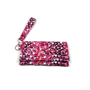 Carteira de pulso de coração acolchoada com três dobras feita à mão, carteira de tecido feminina com zíper, carteira de bolso, presente para ela