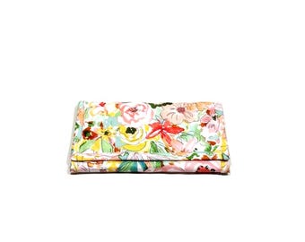 Portemonnee met aquarel bloemen gewatteerde driebladige stof damestas met ritssluiting, handgemaakt