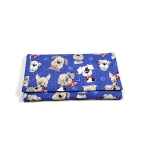 Carteira para amantes de cães, carteira feminina azul tripla, feita à mão, em tecido macio acolchoado, com zíper, presente para ela