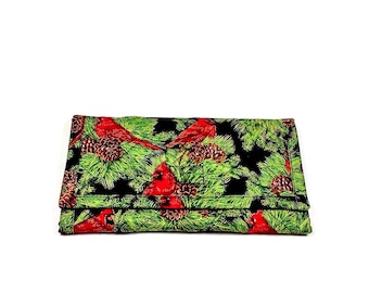 Cardinal Christmas Wallet Quilted Soft Fabric Trifold Women's Handmade Zipper Pocket